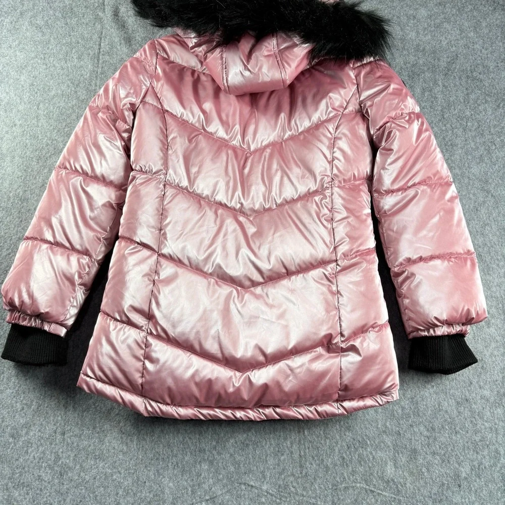 Justice Girls Size 12 Metallic‎ Pink Puffer Jacket Sherpa Lined Faux Fur Hood